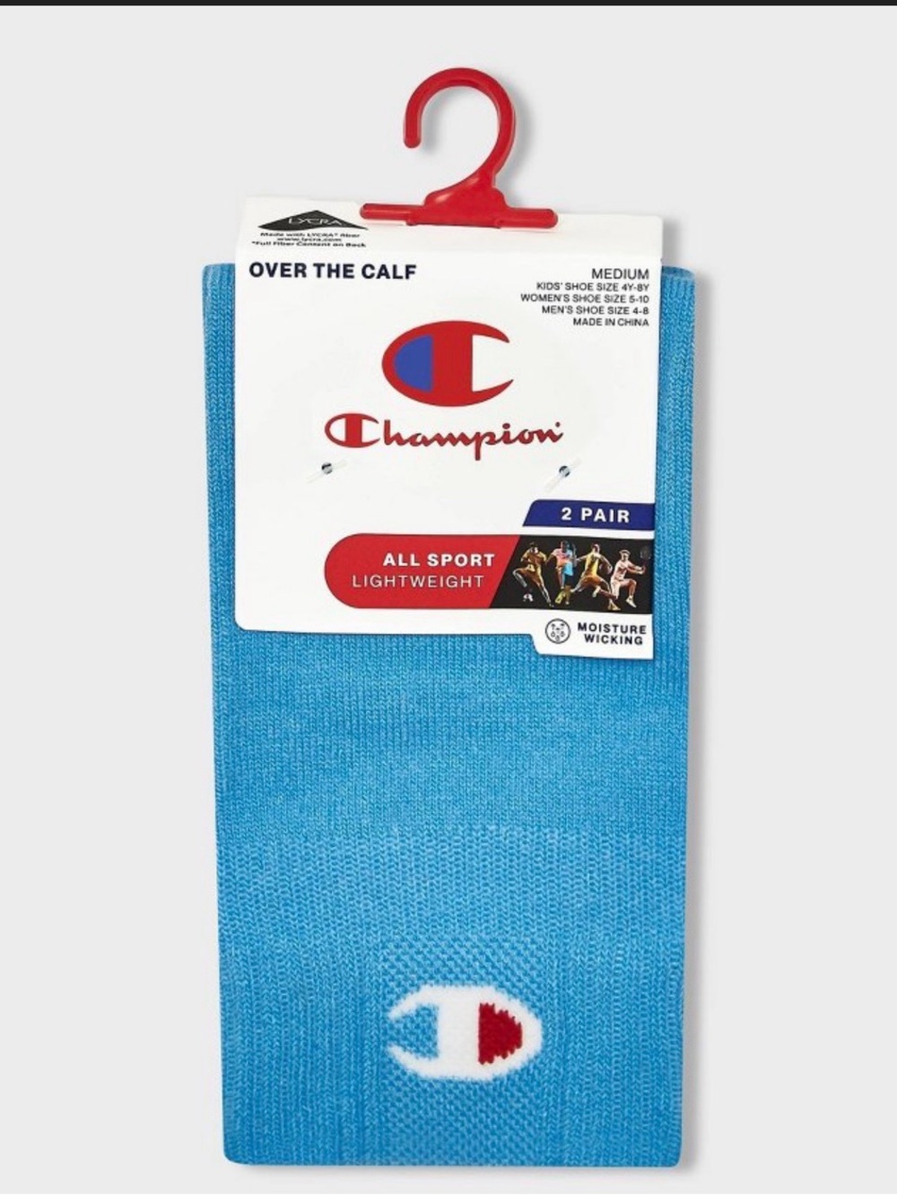 Champion Sky Blue Over-The-Calf Athletic Socks with Red & White Logo